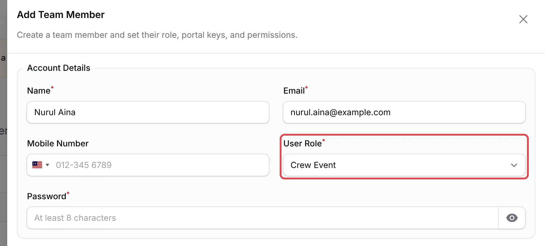 The Add Team Member panel with a crew member’s name and email filled in and User Role set to Crew Event