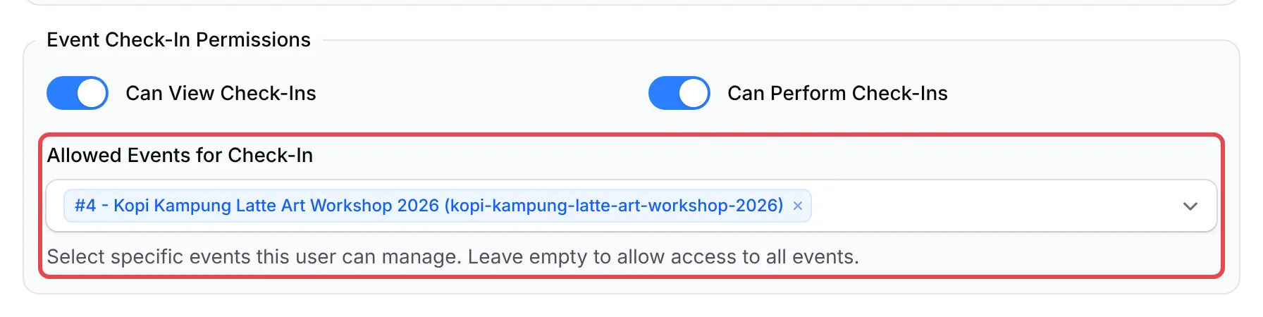 Event Check-In Permissions with both switches on and one event chosen in Allowed Events for Check-In