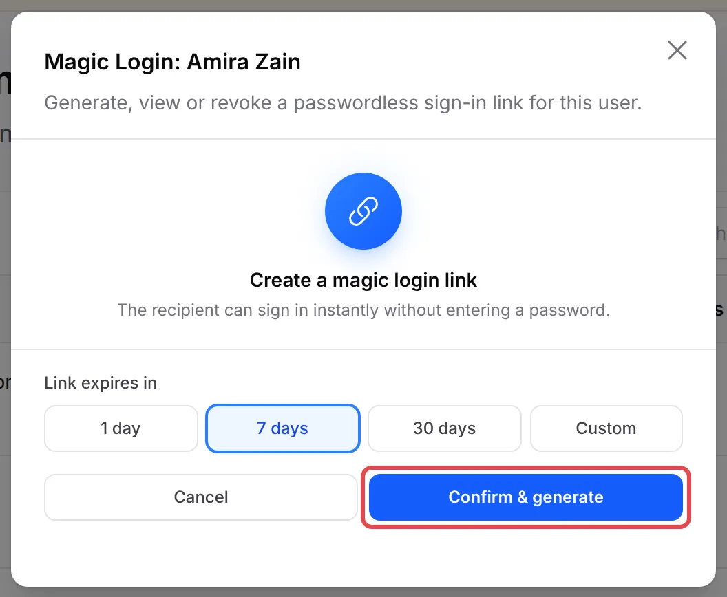 The Magic Login pop-up with Link expires in set to 7 days and the Confirm & generate button highlighted