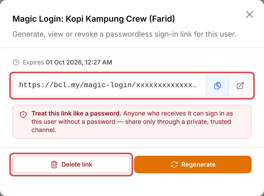 The Magic Login pop-up with a new link, its expiry date, the copy and open buttons, and Delete link highlighted