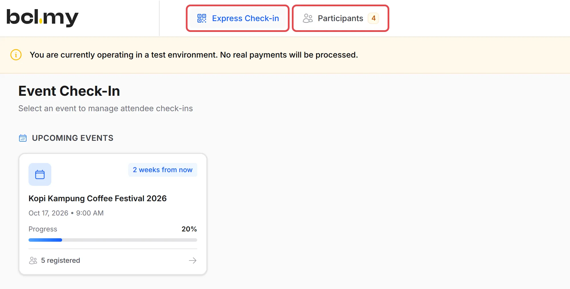 A crew member’s Event Check-In page with only Express Check-in and Participants in the top bar, and one event