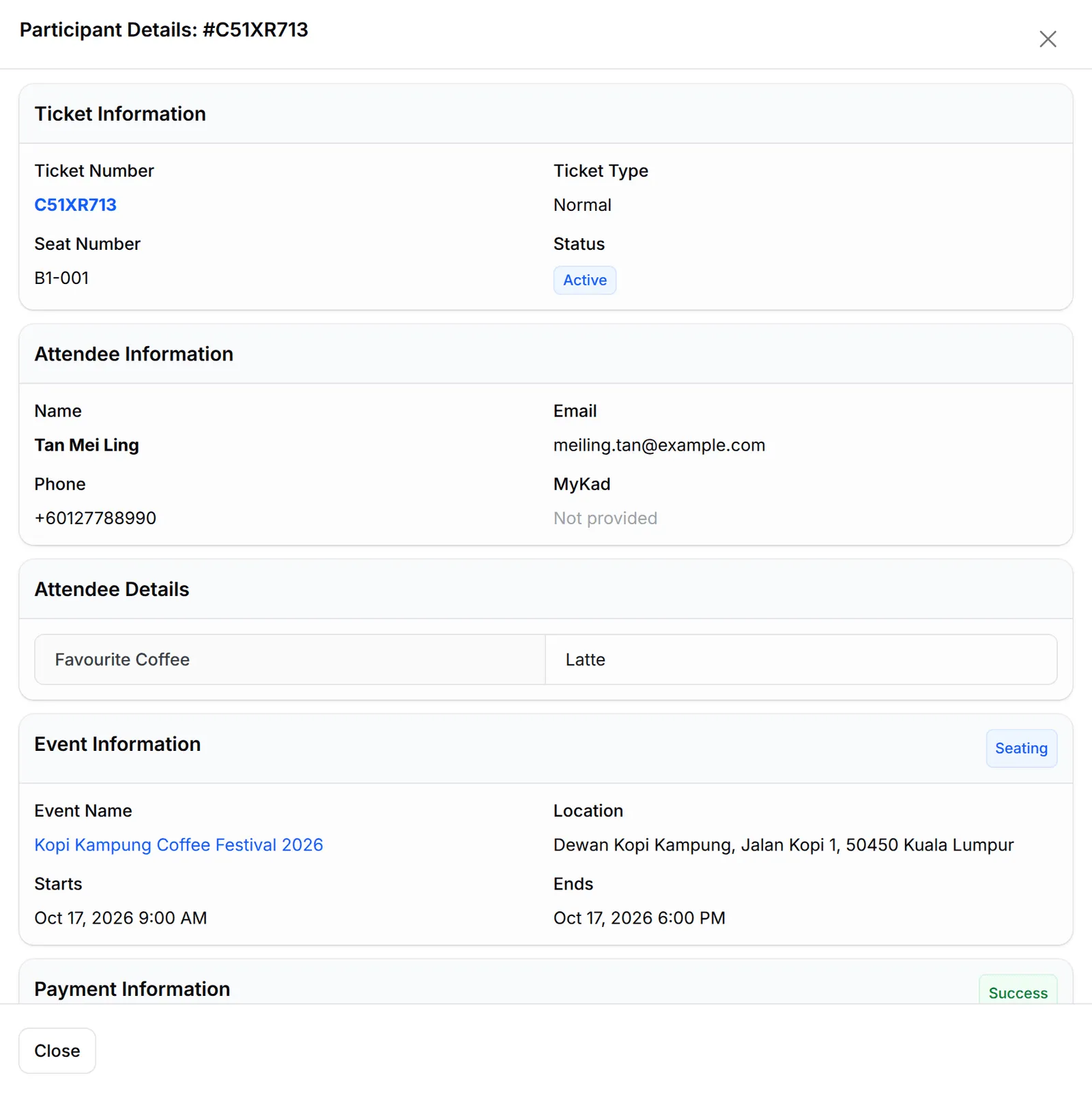 The Participant Details panel for ticket C51XR713