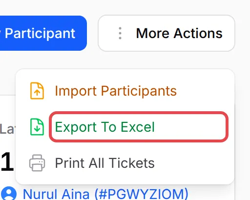 The More Actions menu with Export To Excel highlighted