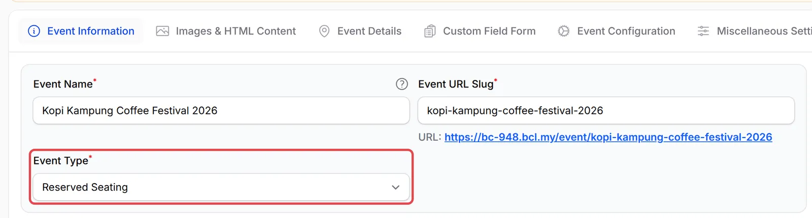 The Event Information tab with Event Type set to Reserved Seating