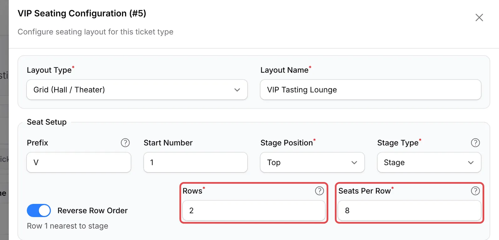 VIP Seating Configuration面板，Rows和Seats Per Row已标示