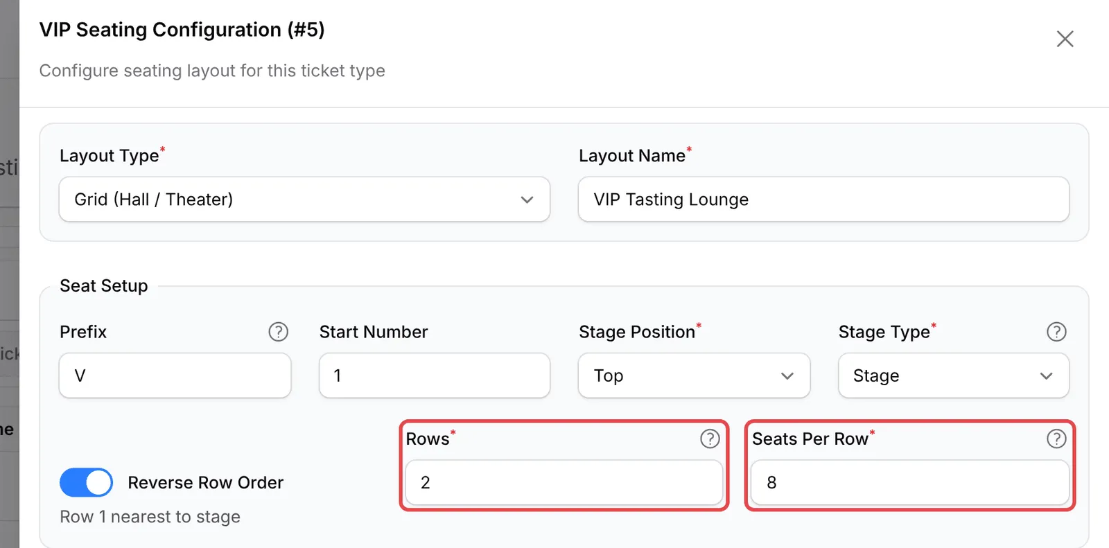 The VIP Seating Configuration panel with Rows and Seats Per Row highlighted