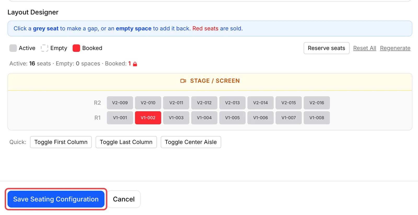 Layout Designer，座位V1-002已售出，Save Seating Configuration按钮已标示