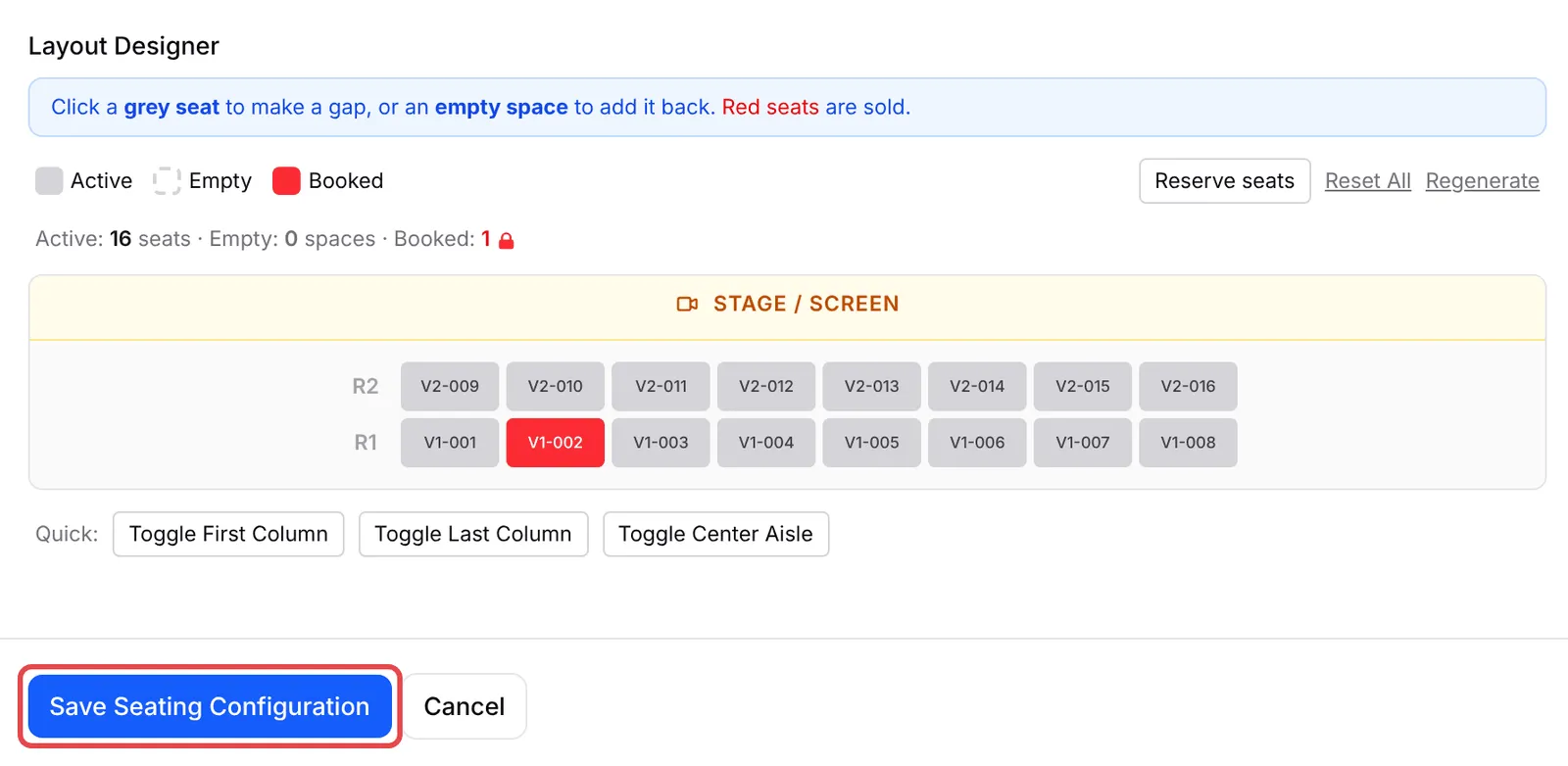 The Layout Designer with seat V1-002 sold and the Save Seating Configuration button highlighted