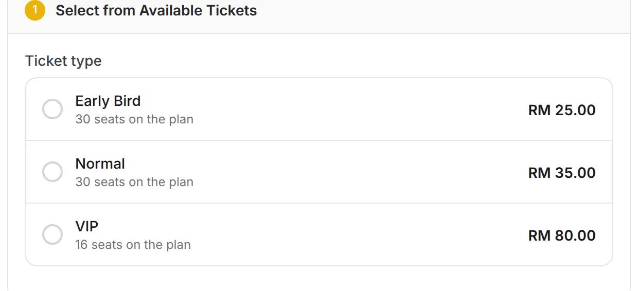 The event page listing Early Bird, Normal and VIP with the seats on each plan