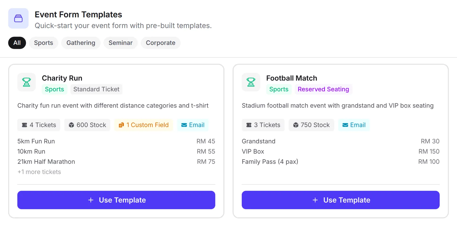 The Event Form Templates panel with the Sports, Gathering, Seminar and Corporate filters
