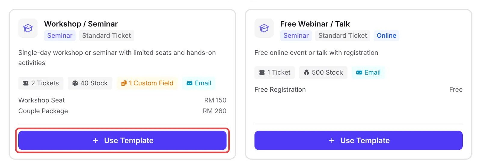 The Workshop / Seminar template card with Use Template highlighted