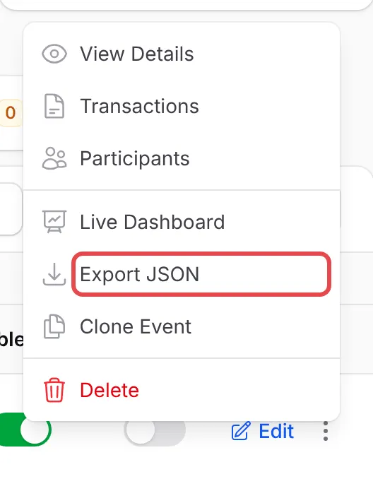 The row menu of an event with Export JSON highlighted