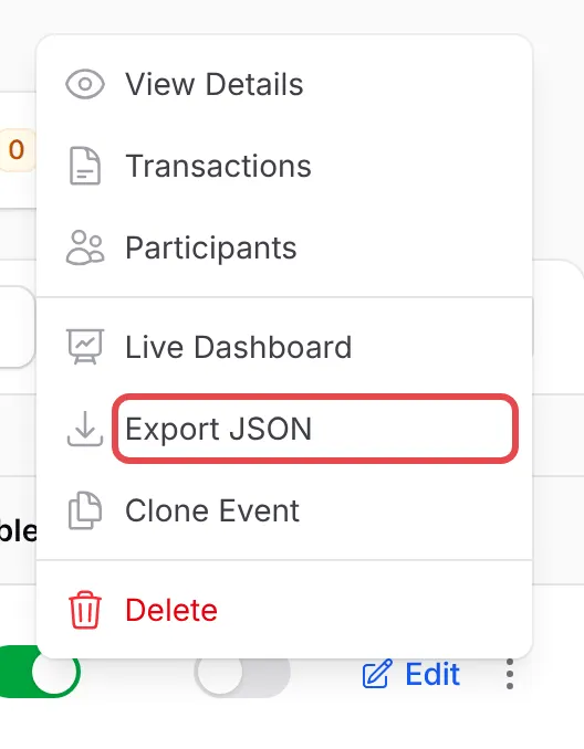 活动的行菜单，Export JSON已标示