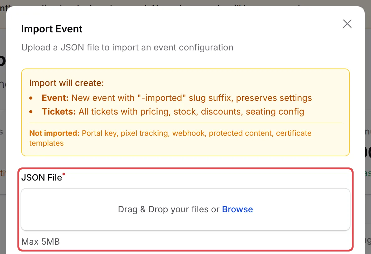 Import Event对话框列出会导入的内容，JSON File栏位已标示
