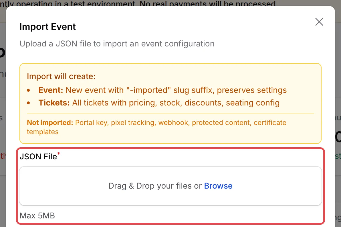 The Import Event dialog listing what is imported, with the JSON File field highlighted