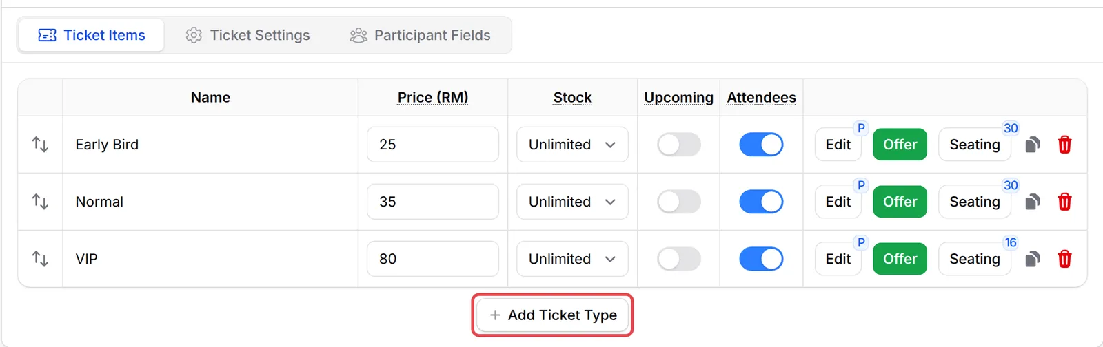 The Ticket Items table of an event with the Add Ticket Type button highlighted