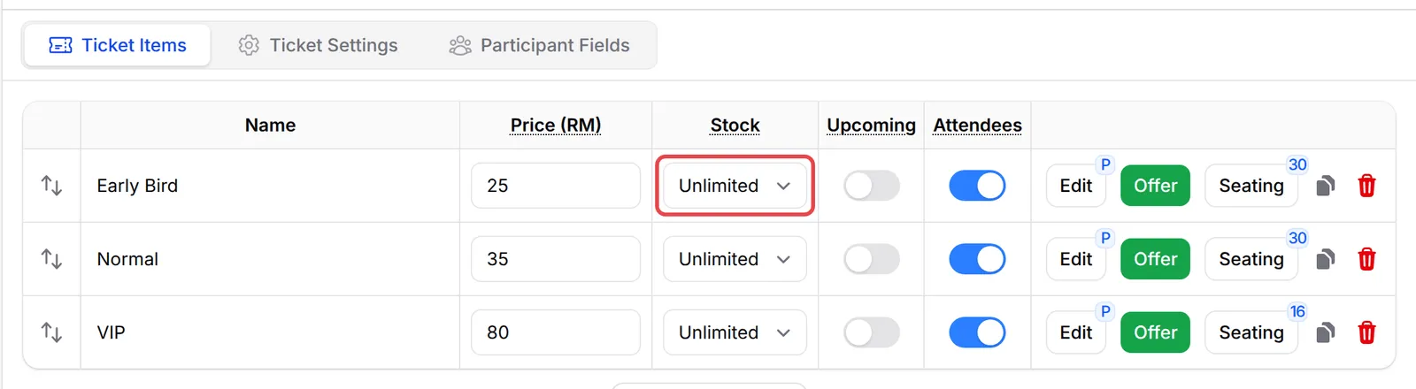 Early Bird门票的Stock设置已标示