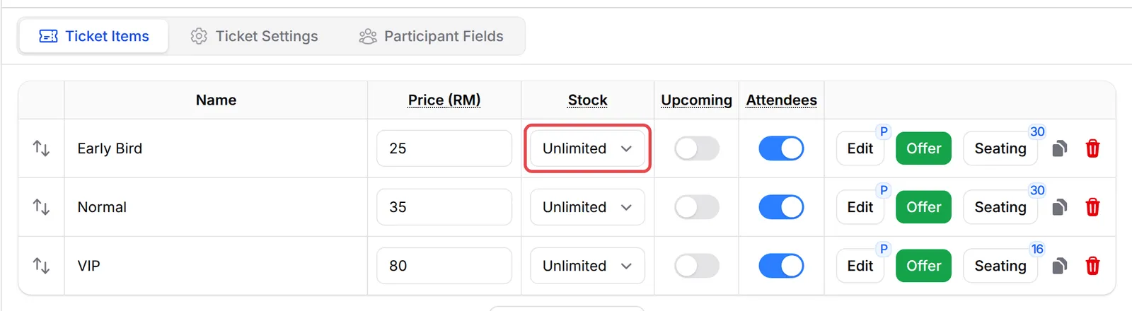The Stock setting of the Early Bird ticket highlighted