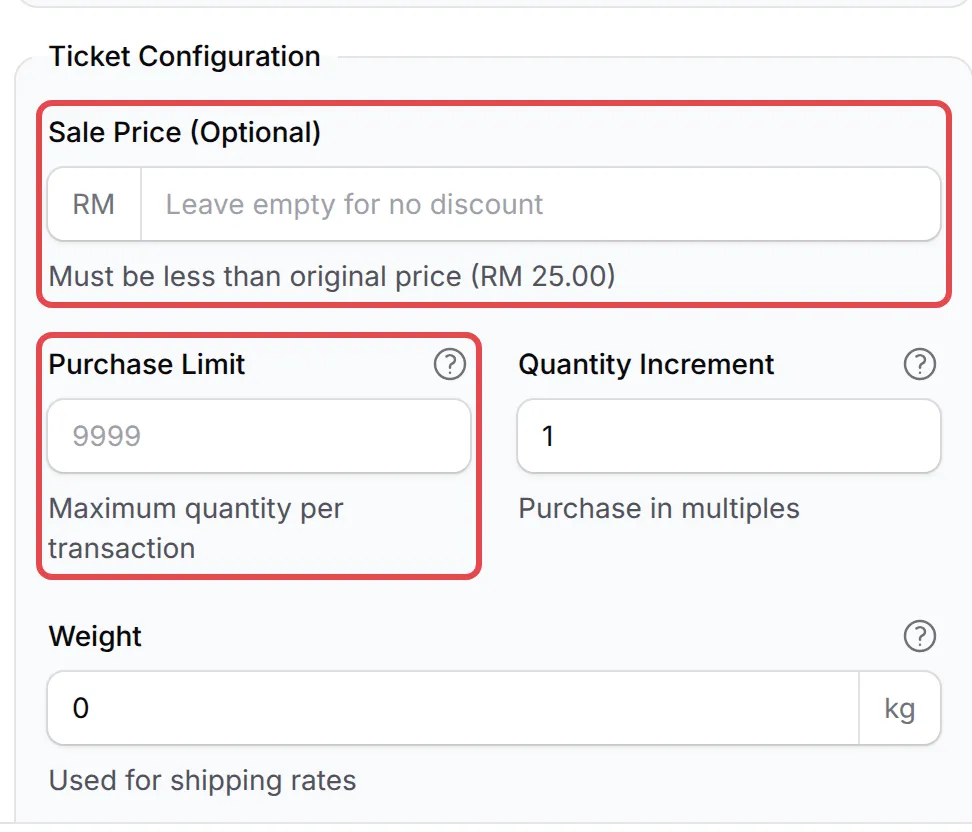 Early Bird Settings面板，Sale Price (Optional)和Purchase Limit已标示