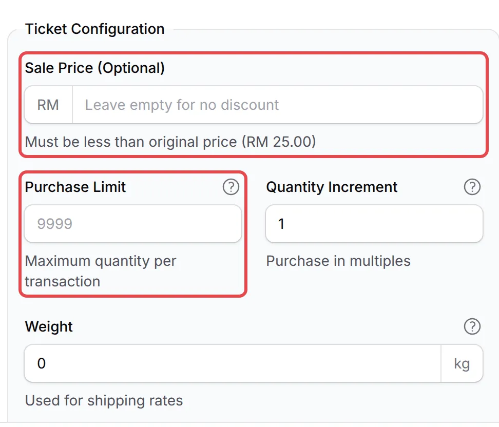 The Early Bird Settings panel with Sale Price (Optional) and Purchase Limit highlighted