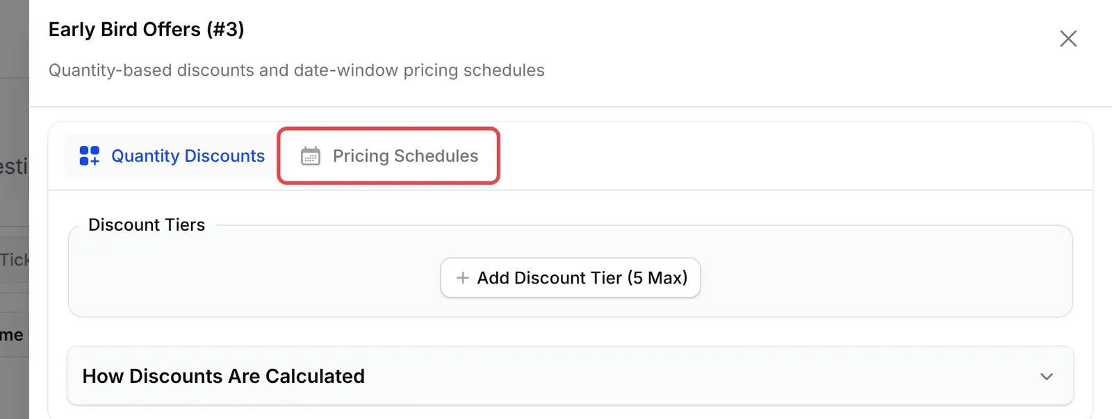 The Early Bird Offers panel with the Pricing Schedules tab highlighted