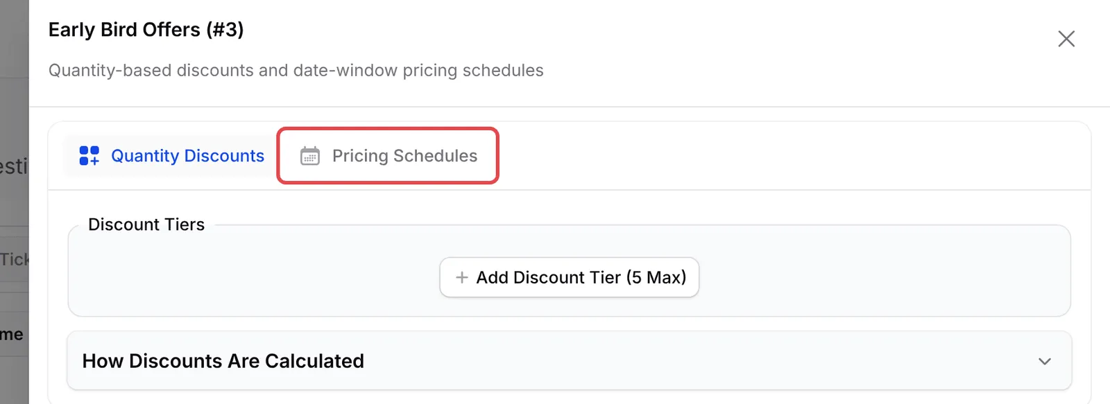 Early Bird Offers面板，Pricing Schedules标签页已标示