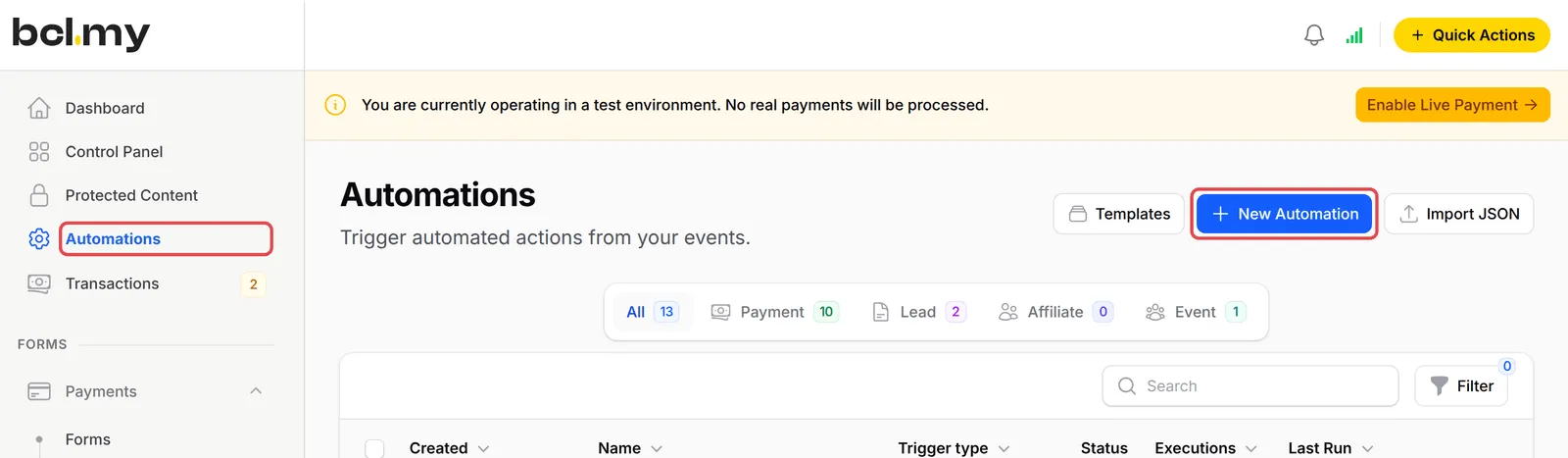 The Automations page with Automations in the sidebar and the New Automation button highlighted