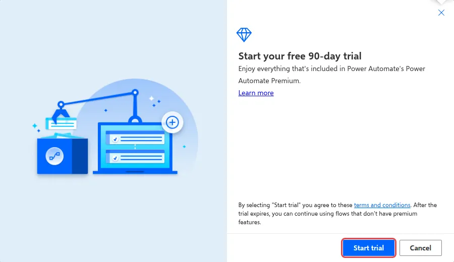 The Start your free 90-day trial dialog with the Start trial button highlighted