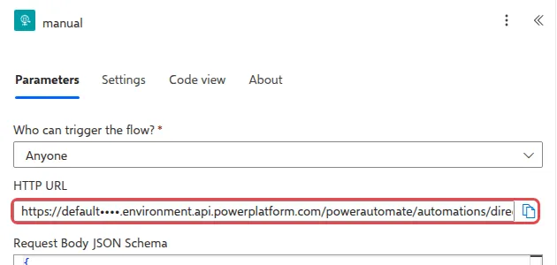 The HTTP URL field of the trigger, with the address masked, and its copy button