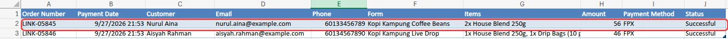 The Excel table with a new row for order LINK-05845, highlighted