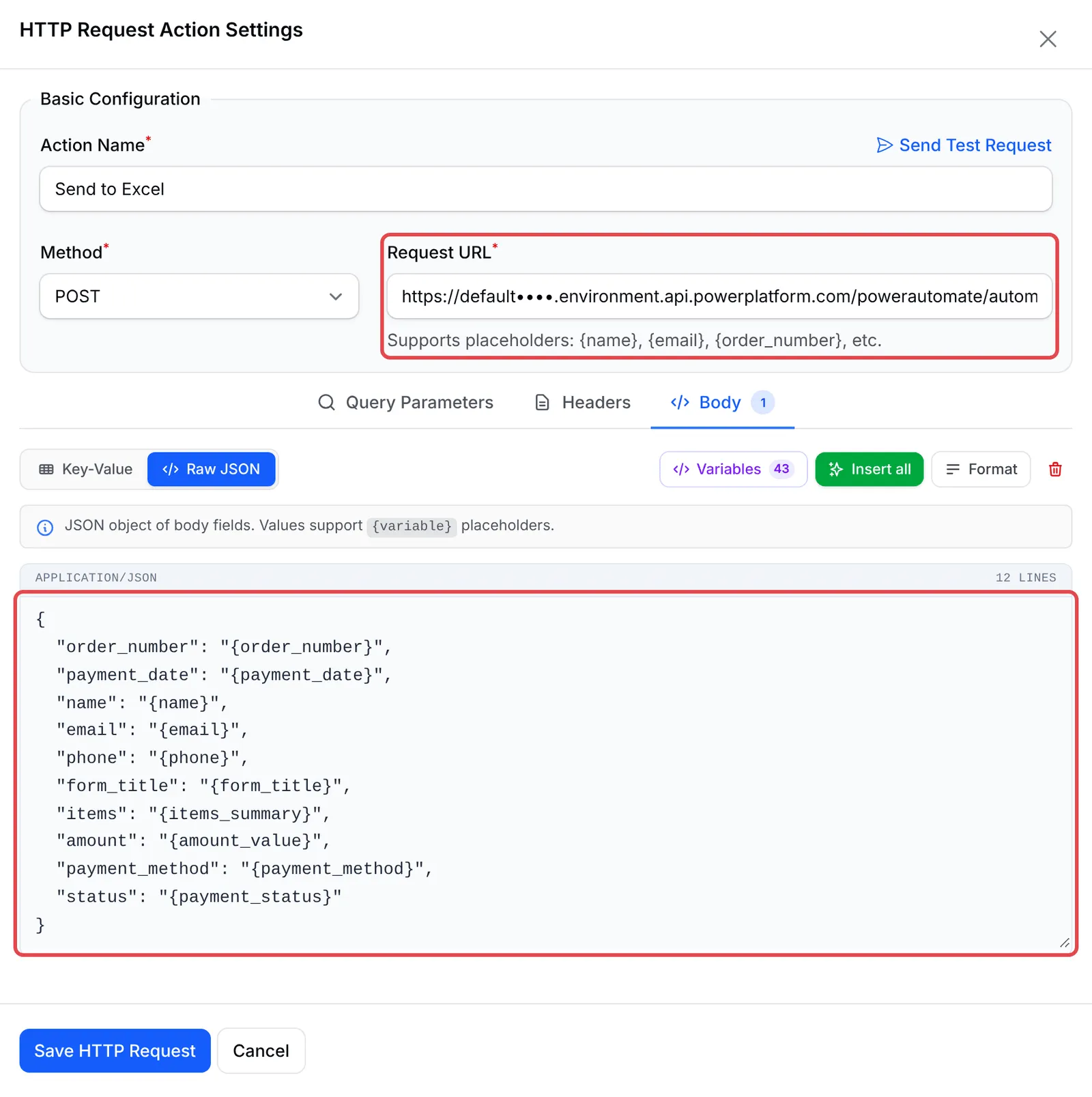 HTTP Request的Action Settings，Request URL和Raw JSON body已标示
