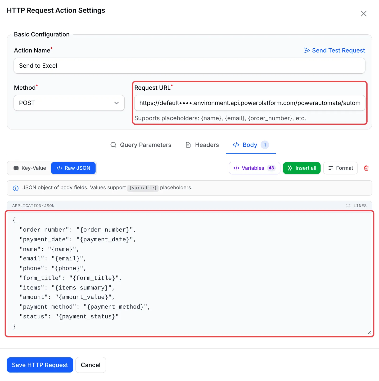 The HTTP Request Action Settings with the Request URL and the Raw JSON body highlighted