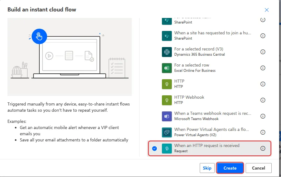 The Build an instant cloud flow dialog with When an HTTP request is received selected and the Create button highlighted