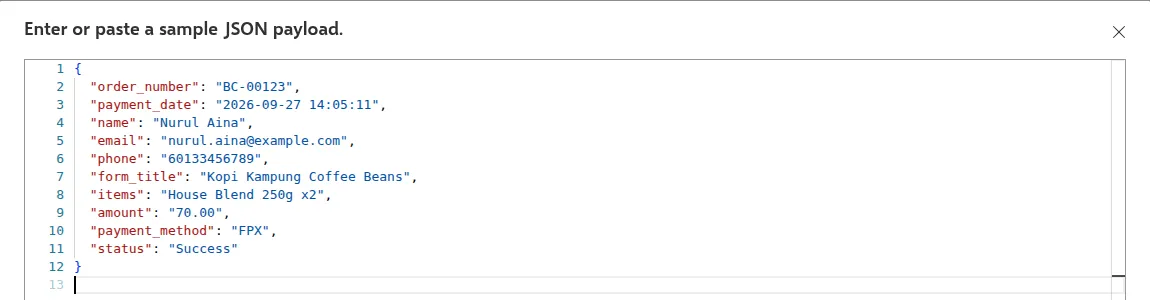 The sample JSON payload pasted into the schema dialog