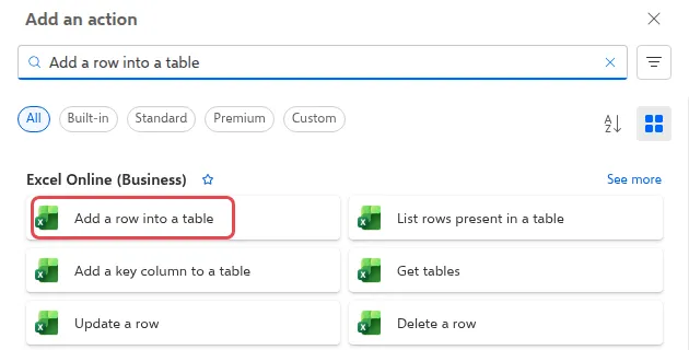 The Add an action panel with Add a row into a table highlighted