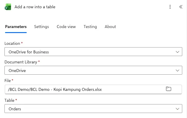The Add a row into a table action with Location, Document Library, File and Table filled in