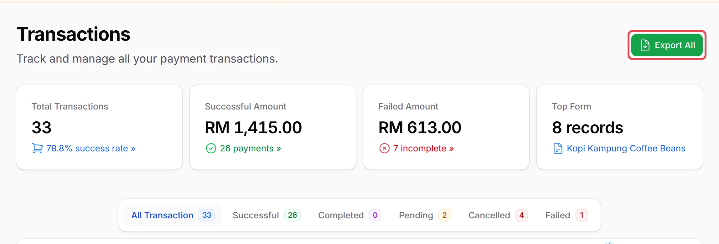 Page Transactions dengan butang Export All ditanda