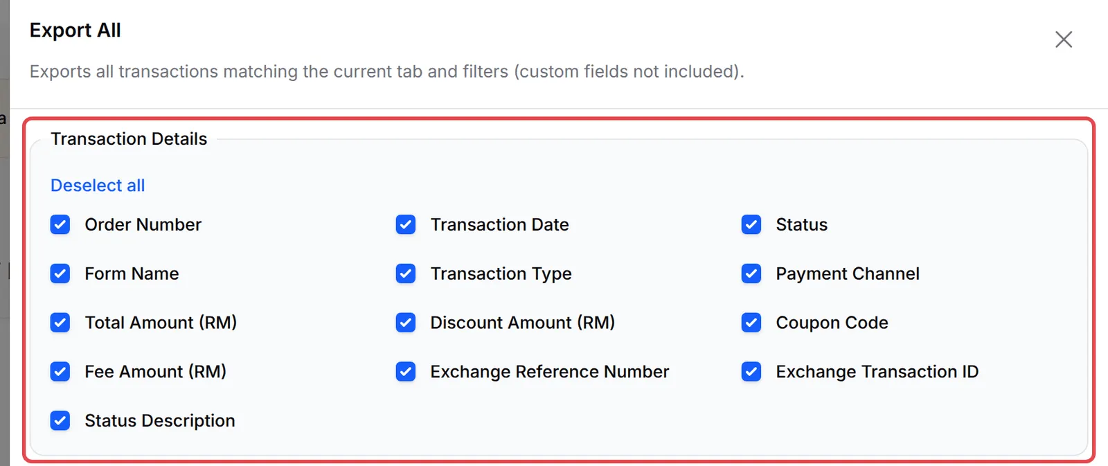 Export All面板,Transaction Details列组已标示