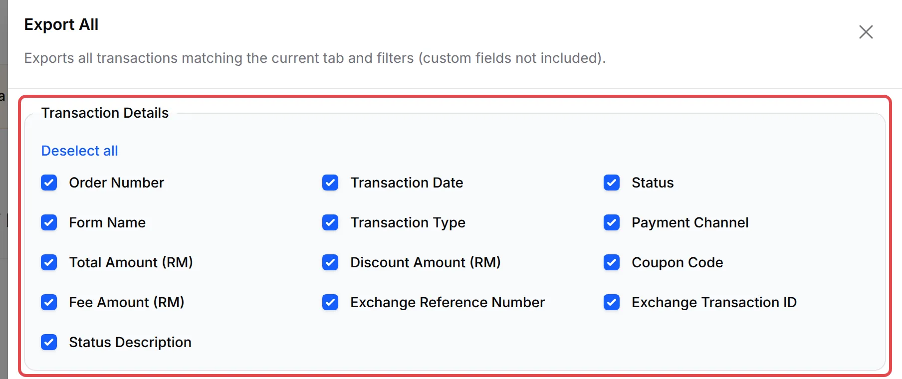 Panel Export All dengan kumpulan lajur Transaction Details ditanda