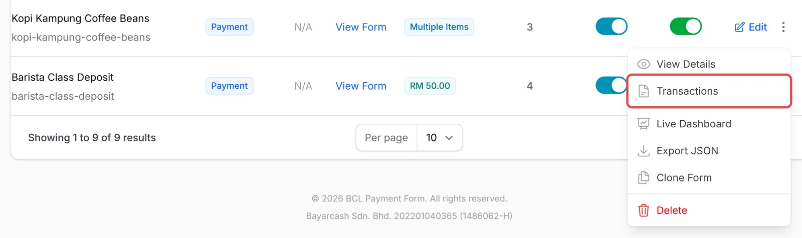Menu tindakan pada payment form, dengan Transactions ditanda