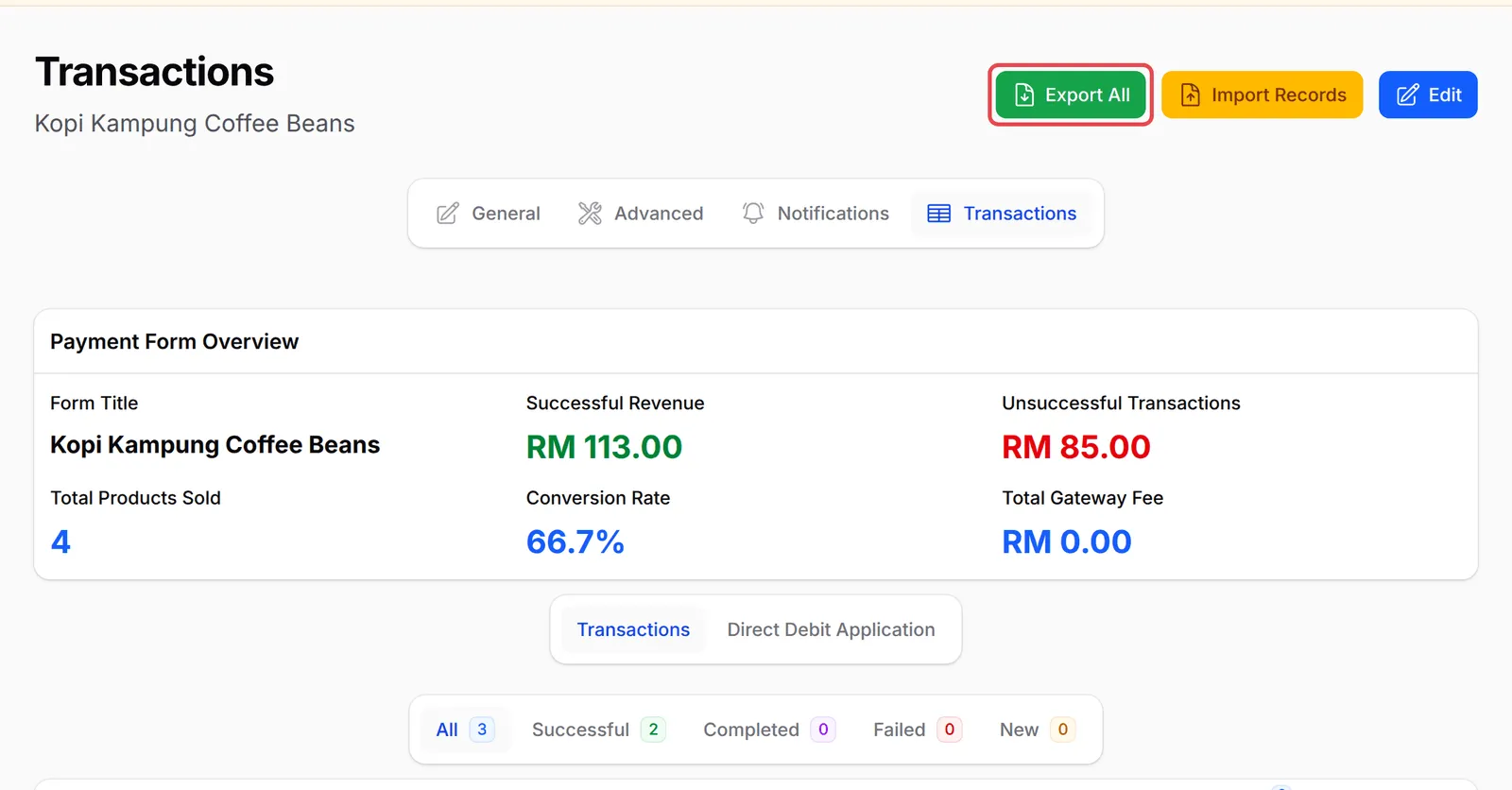 Page Transactions sesuatu payment form dengan tab status dan butang Export All ditanda
