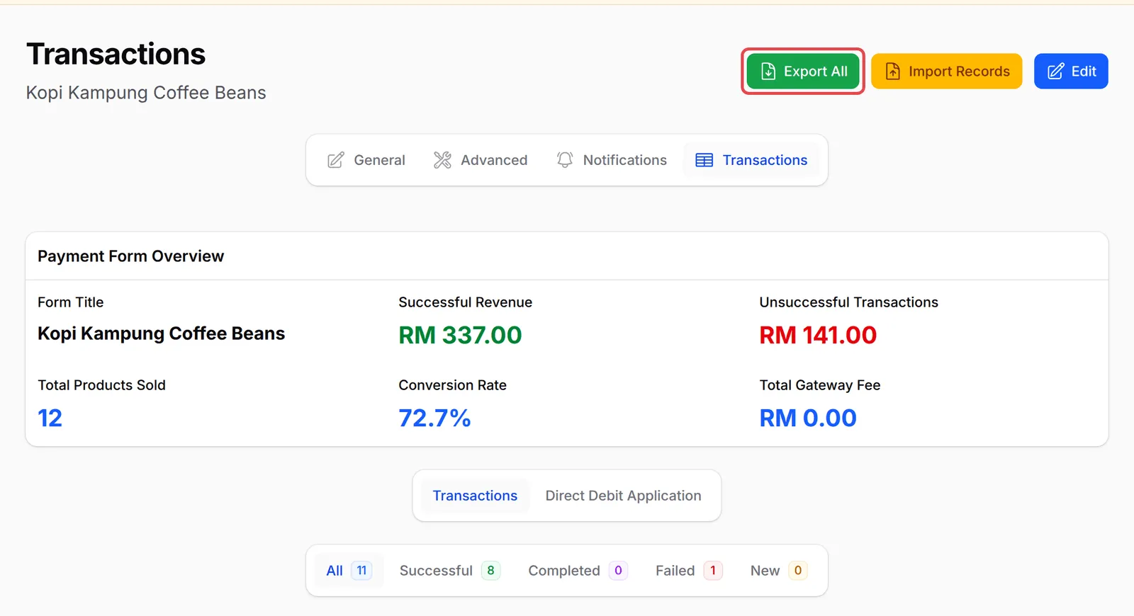表单的Transactions页面,状态标签页和Export All按钮已标示