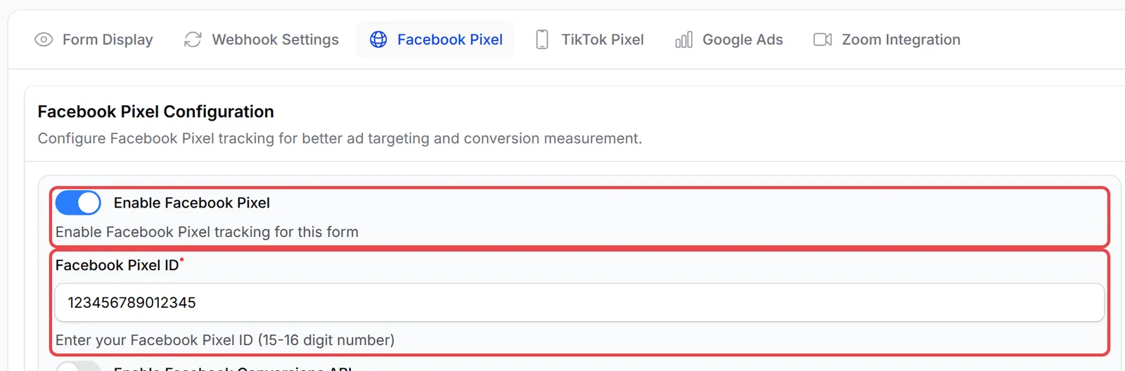 Tab Facebook Pixel dengan Enable Facebook Pixel dan ruangan Facebook Pixel ID ditanda