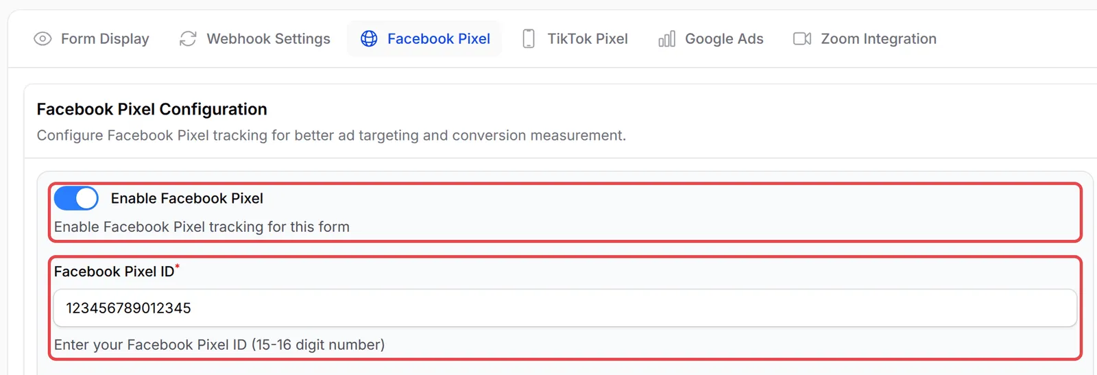 Facebook Pixel标签页，Enable Facebook Pixel和Facebook Pixel ID栏位已标示