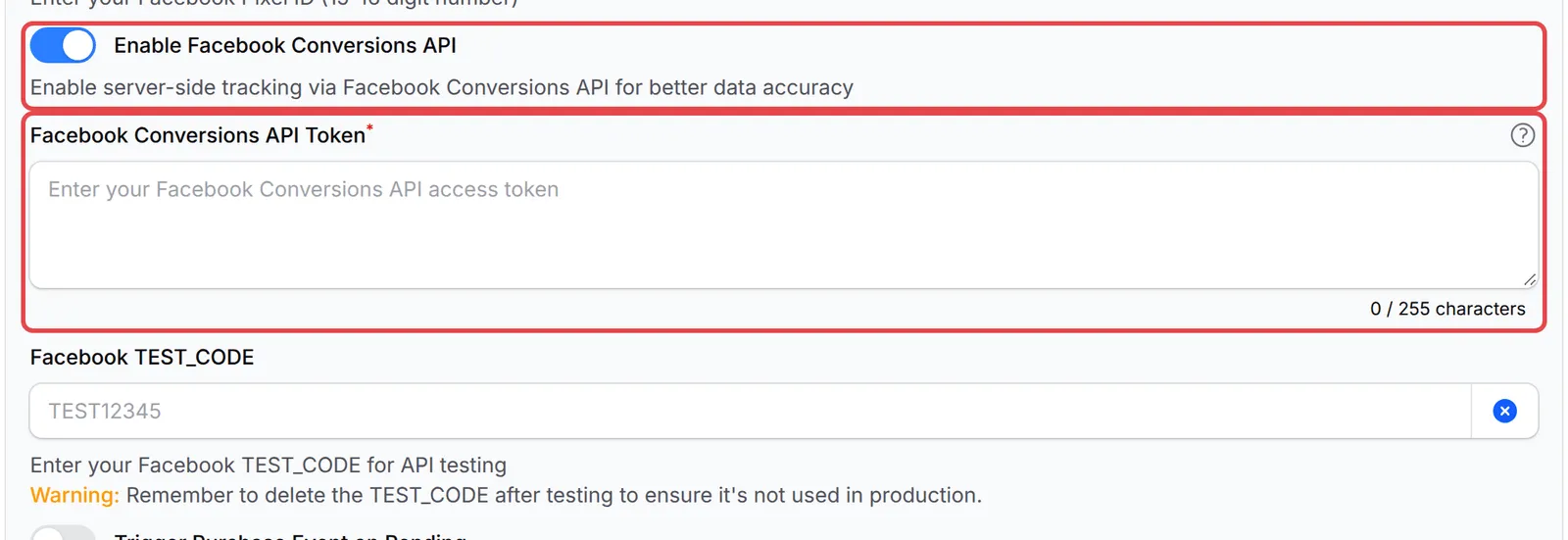 Enable Facebook Conversions API di-on-kan, dengan ruangan Facebook Conversions API Token ditanda