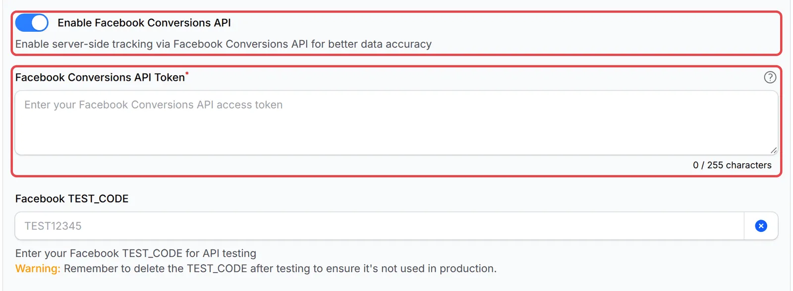 Enable Facebook Conversions API已开启，Facebook Conversions API Token栏位已标示