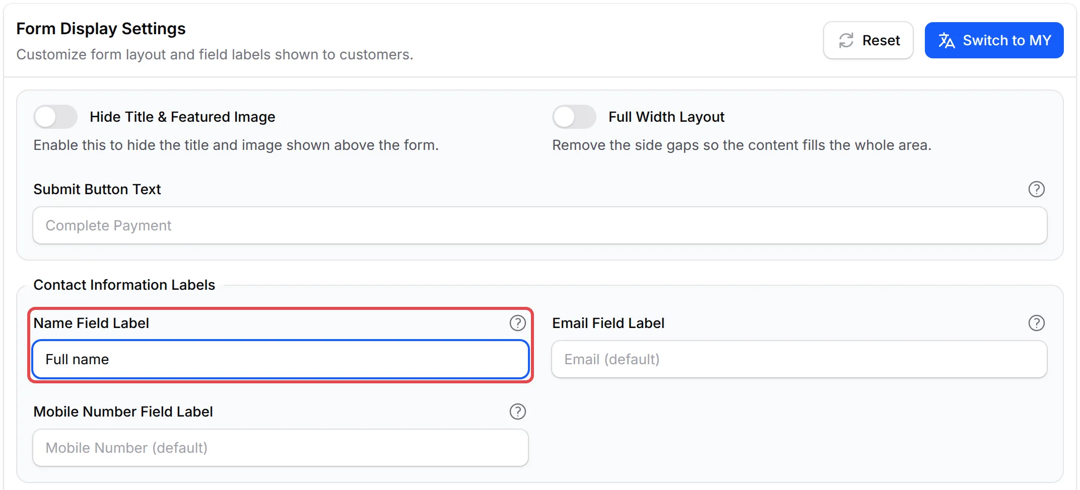 The Form Display Settings section with Full name typed in Name Field Label