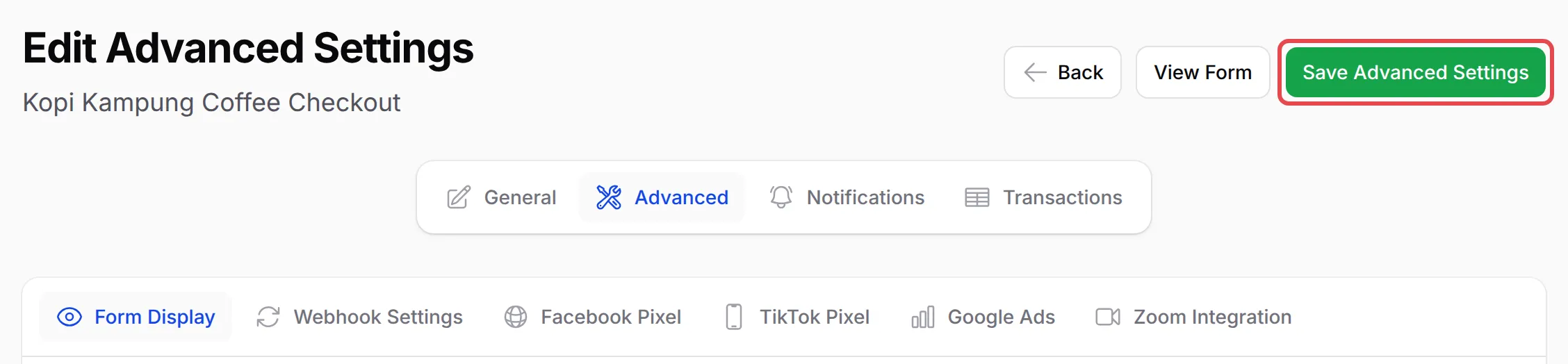 The Save Advanced Settings button highlighted at the top of the Edit Advanced Settings page
