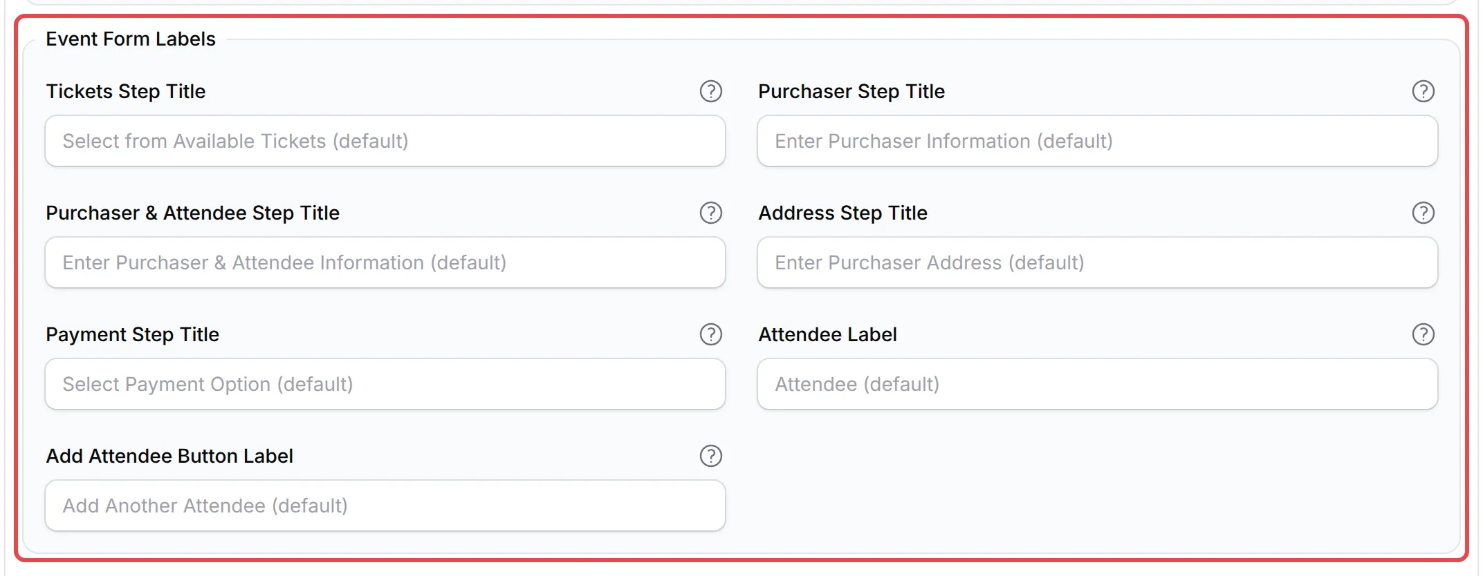 The Event Form Labels section on an event form’s Form Display tab