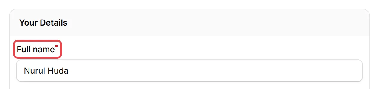 The Your Details section of a payment form with the name field labelled Full name